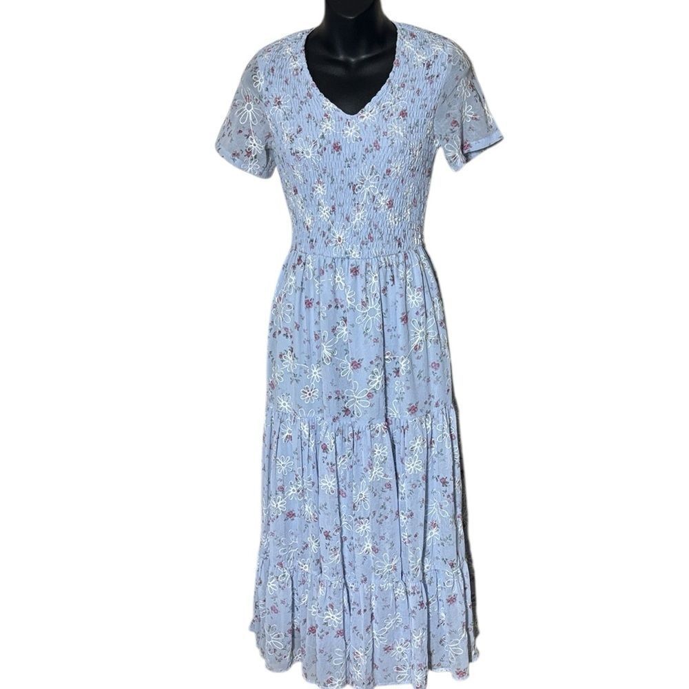 JessaKae women’s xxs blue tiered maxi dress floral smock puff sleeve princess